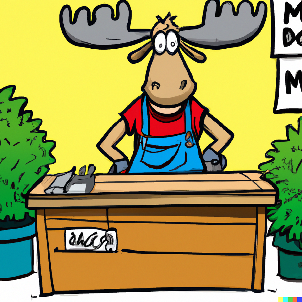 Dall-e image of a cartoon bull moose behind a sales counter