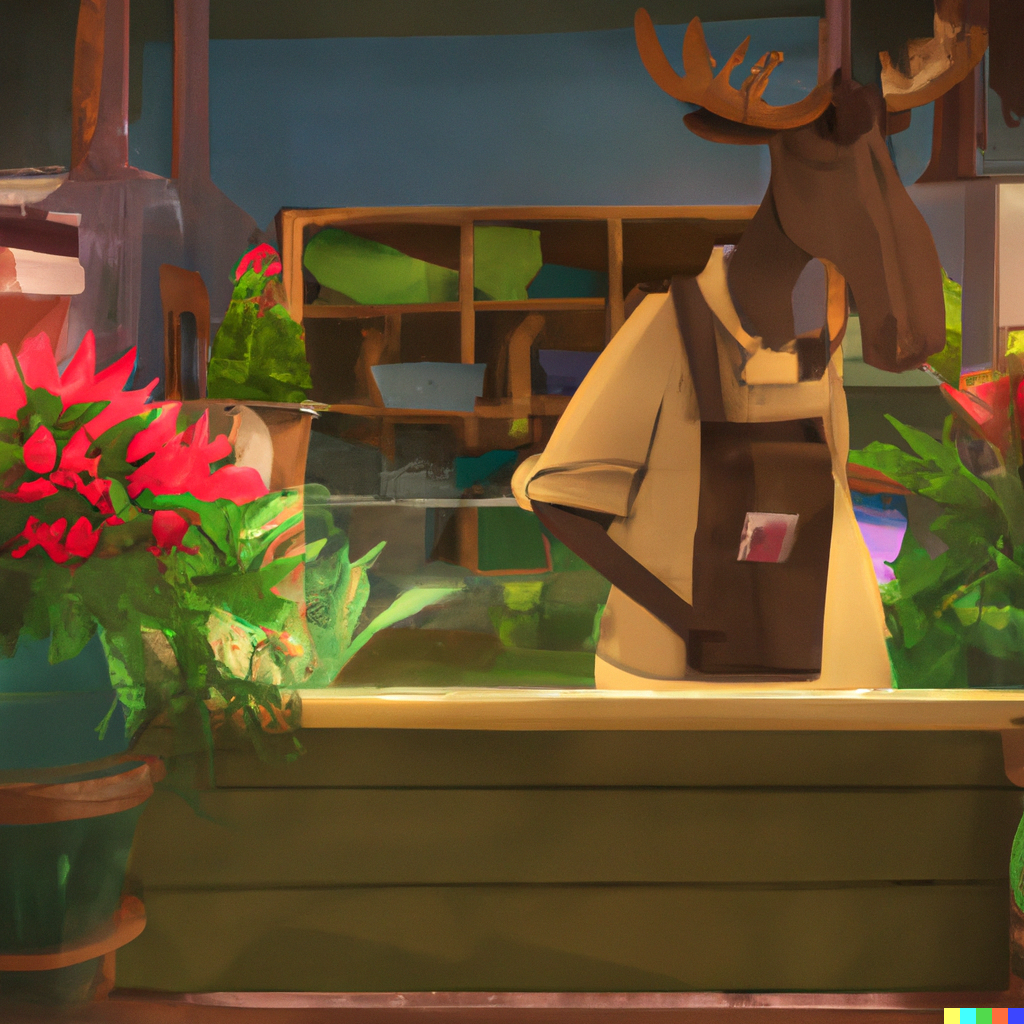 Second Dall-e image of a cartoon bull moose behind a sales counter