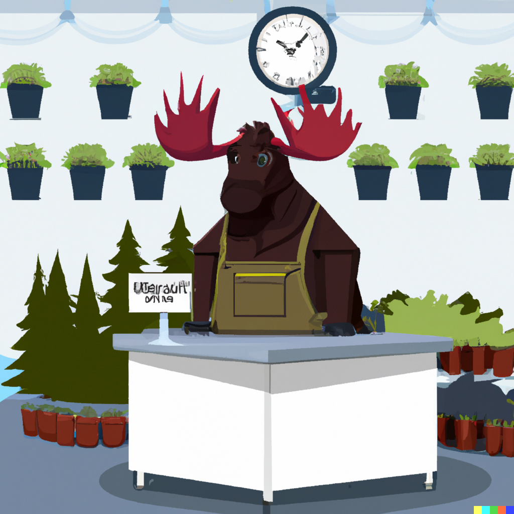 Second Dall-e image of a cartoon bull moose behind a sales counter